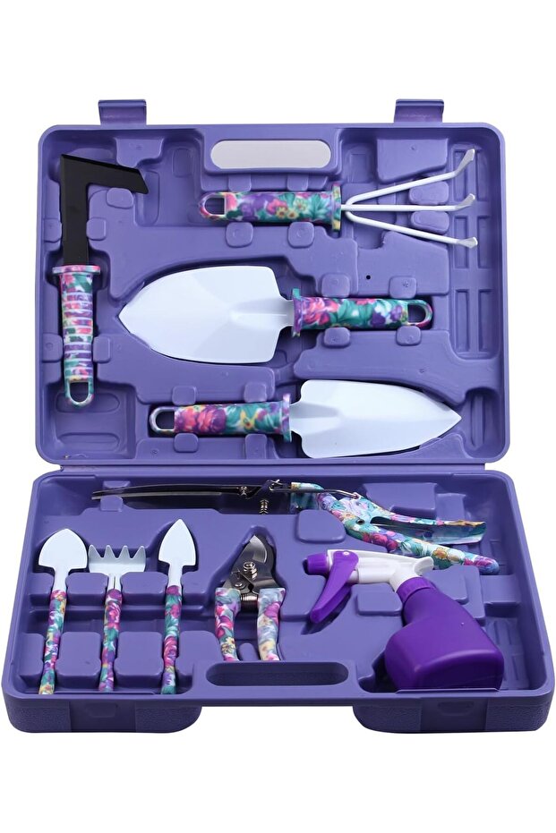 10-Piece Gardening Tool Set with Floral Pattern, Ergonomic Handles, Shovel, Rake, Pruning Shears, Sprayer, and Case