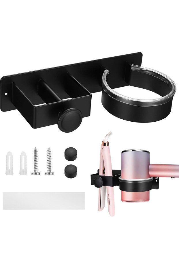 Wall-mounted hair dryer holder, no drilling required, can hold hair dryers and straighteners, self-adhesive wall mount.