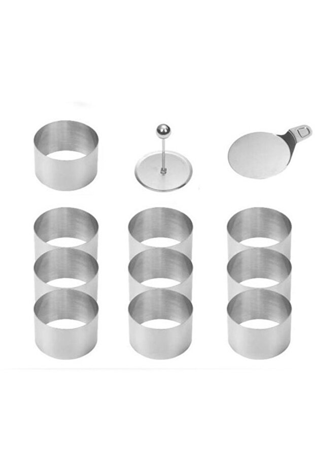 Baking Rings, 10-piece set, 8x5 cm, Stainless Steel, Silver, Dessert Rings, Decorative Rings, Mold, With Press and Spatula, Dishwasher Cleanable
