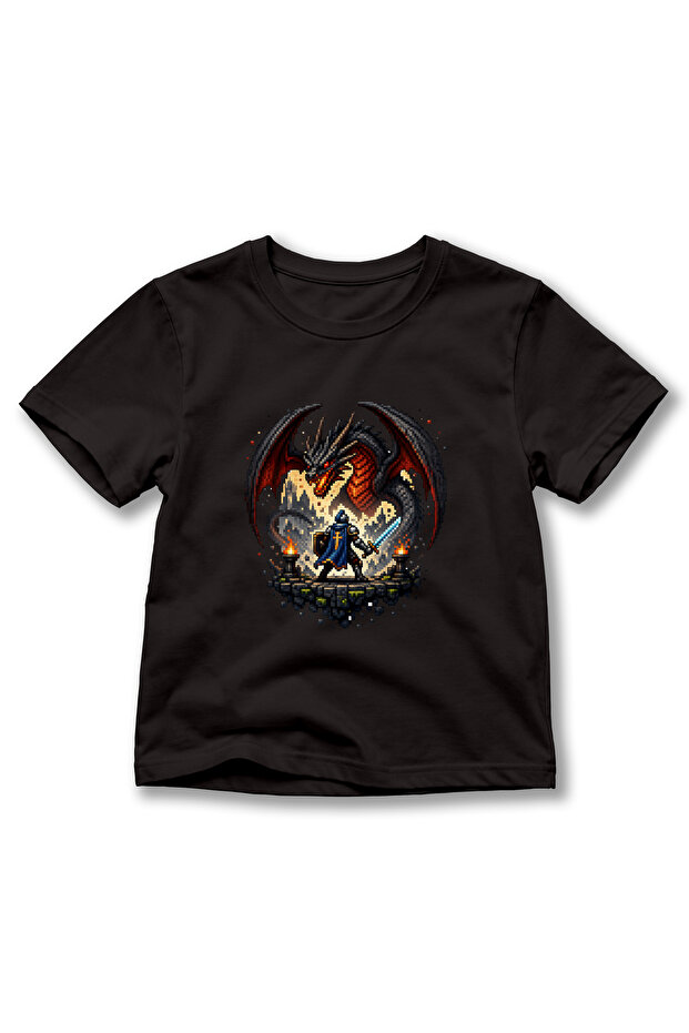 Kids' Dragon and Knight Printed Pixel Art Game-Themed Crew Neck Short Sleeve T-Shirt