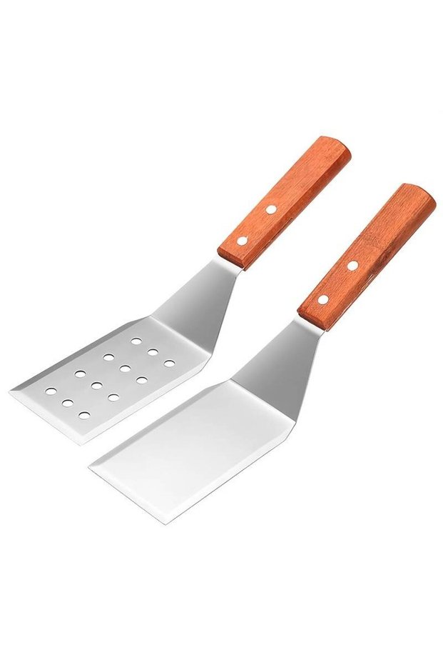 Sturdy stainless steel hamburger spatula with 2 wooden handles for grilling and cooking.
