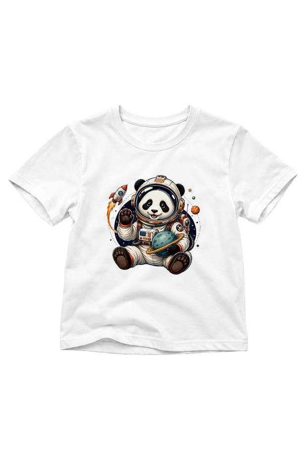 Kids' Astronaut Panda Printed Space and Planet Themed Crew Neck Short Sleeve T-Shirt