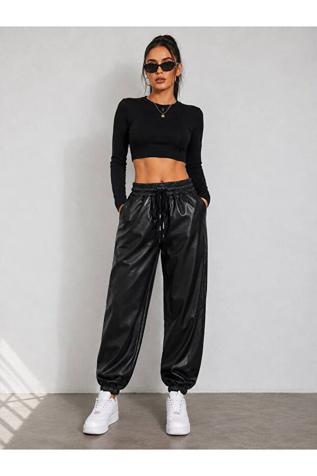 Leather Waist Elasticized Jogger Style Pants