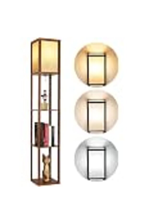 Floor Lamp with Shelves, Modern Standing Shelf Lamp, Display Floor lamp with 3 Color Temperature Bulb, Corner Display Bookshelf Lamp for Bedroom, Living Room, Office (Walnut Brown)
