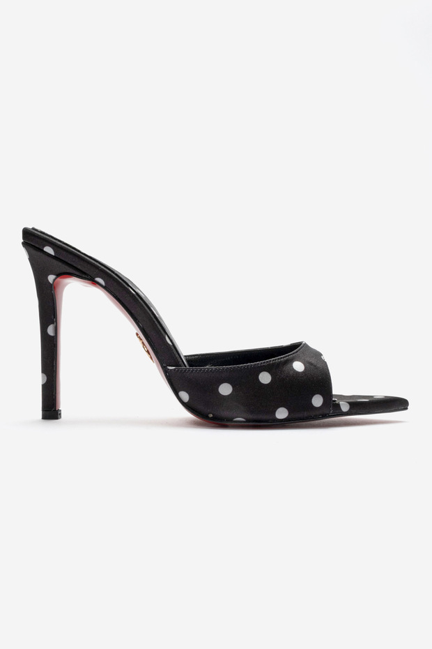 Women's Black Polka Dot Detailed Pointed Toe Thin Heeled Slippers Sona
