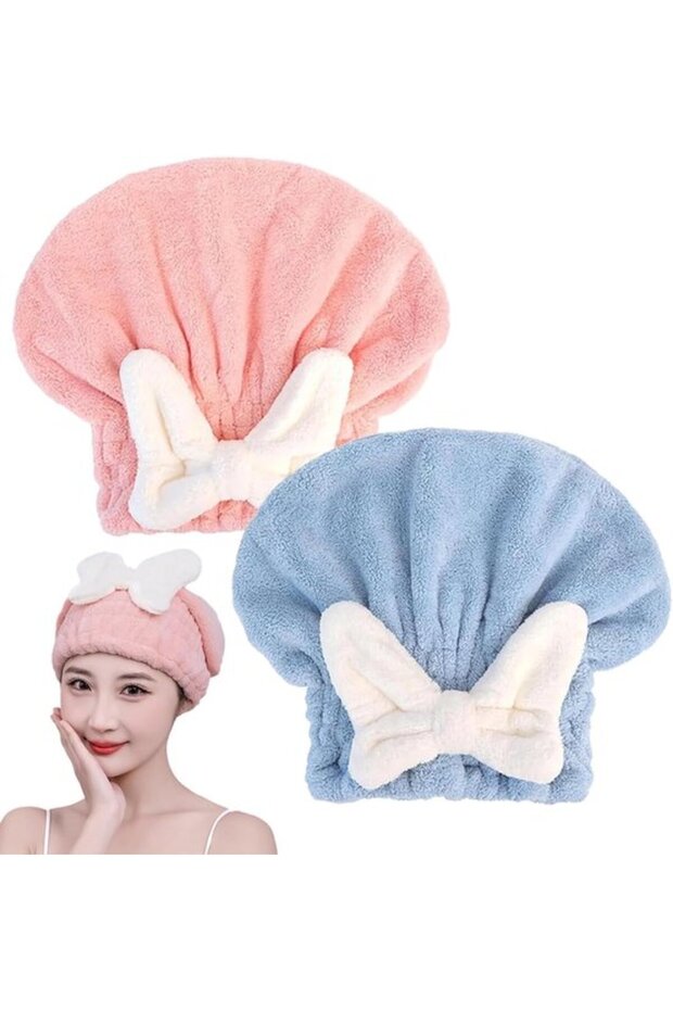 2-Pack Microfiber Hair Drying Towel Wraps, Tie-On Quick-Dry Hair Dryer Covers with Bag, Pink + Blue