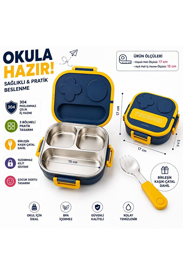 304 Stainless Steel 3 Compartment Children's Lunch Box Leakproof Lunch Box Including Spoon and Fork 17 cm