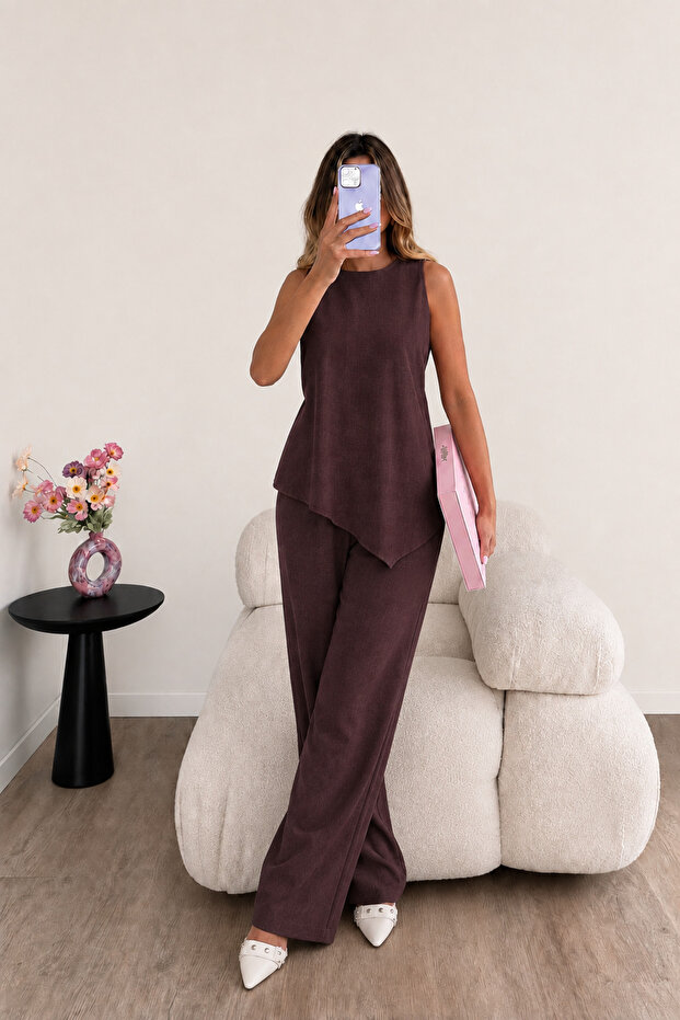 Linen Tied Asymmetrical Cut Vest and Trousers Set