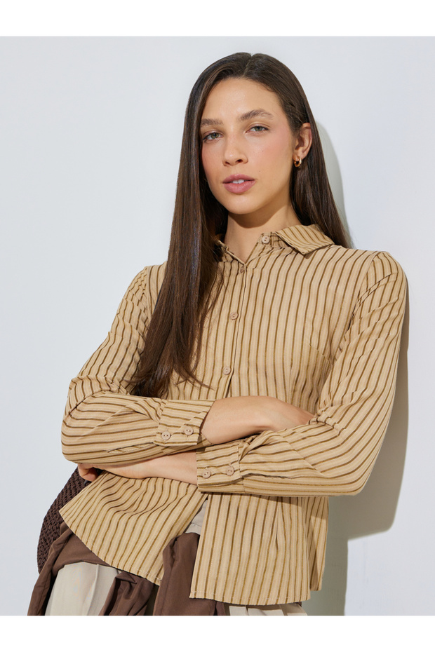 Brown Striped Waist Tie-Up Fitted Shirt
