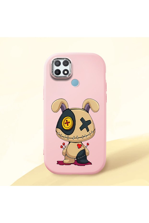 Oppo A15 Compatible Case Camera Protector Pink Silicone Couple Phone Case with Character Pattern
