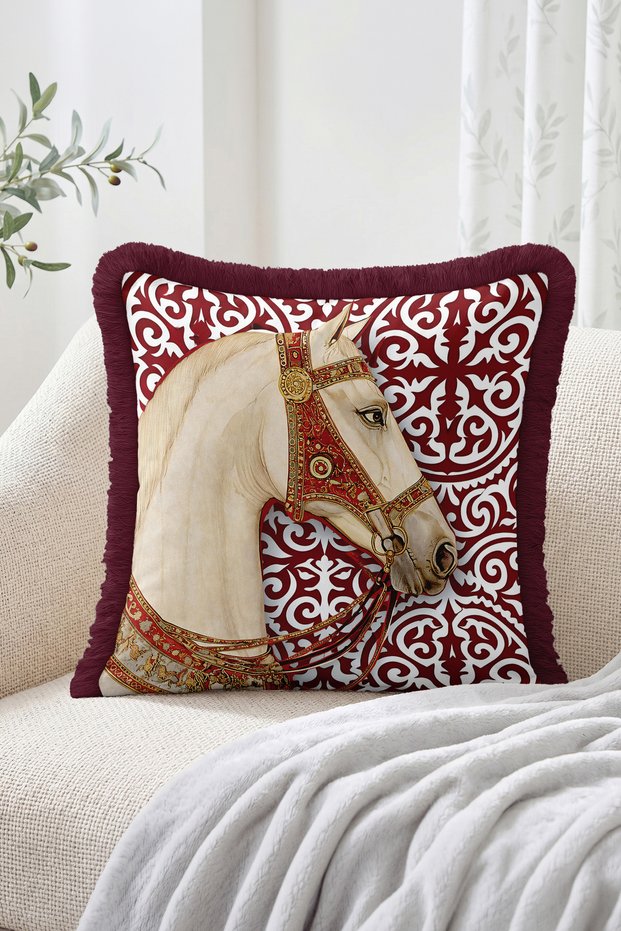Ottoman-Inspired White Horse Figured Ivy Motif Fringed Throw Pillow Cover - Vintage Decorative Pillow