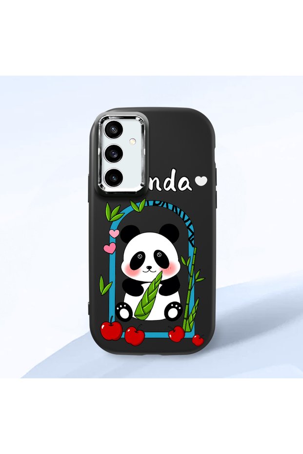 Samsung Galaxy S23 Fe Compatible Case Camera Protector Black Silicone Couple Phone Case Panda Pattern
