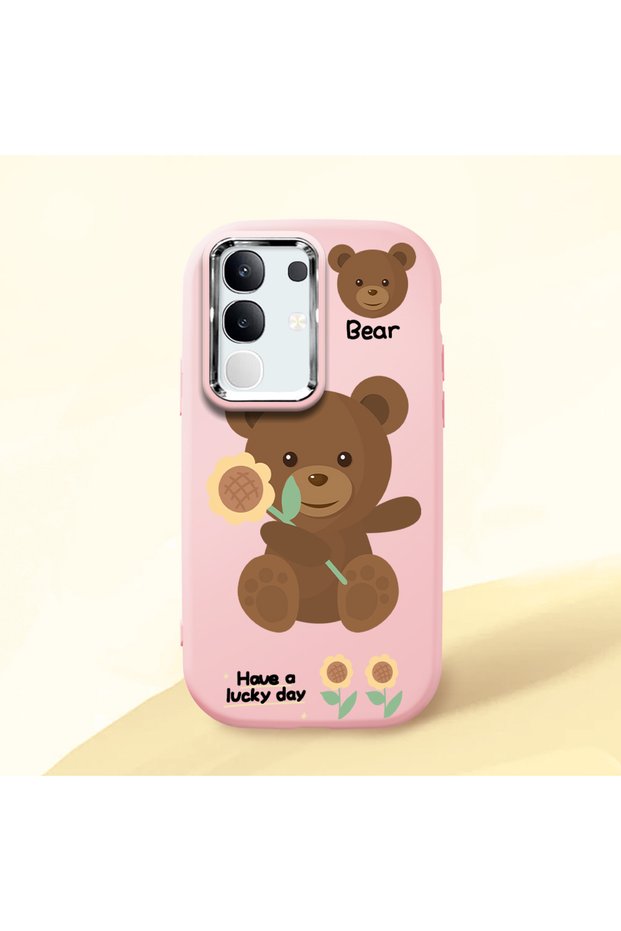 Vivo Y29 Compatible Case Camera Protector Pink Silicone Couple Phone Case with Bear Pattern