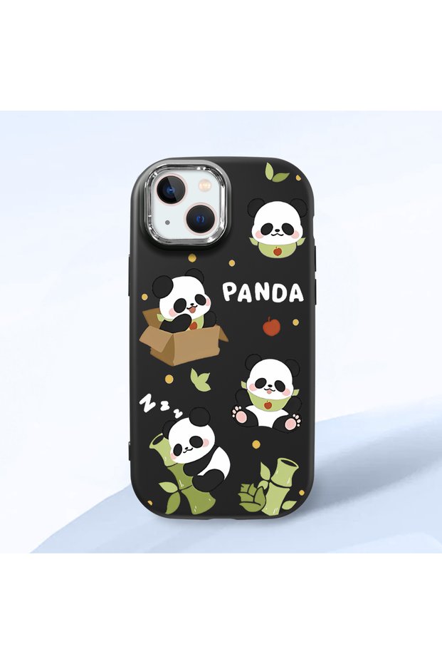 iPhone 13 Compatible Case Camera Protector Black Silicone Couple Phone Case Panda Pattern