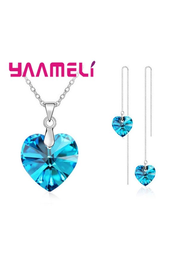 Thread Sky blue Love Heart Shape Women 925 Sterling Silver Color Bridal Jewelry Set For Wedding Fash