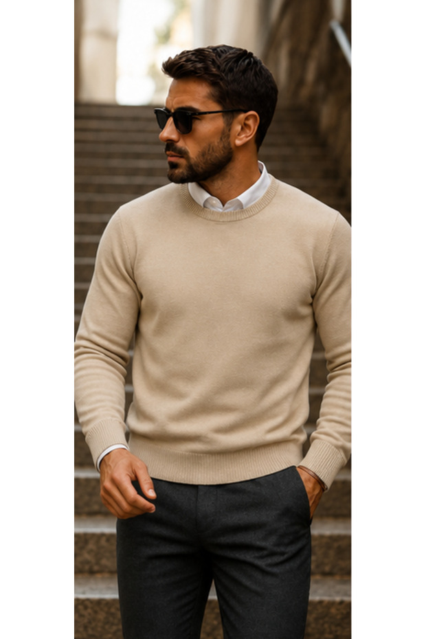Men's Daily Trend Crew Neck Cream Knitwear Sweater