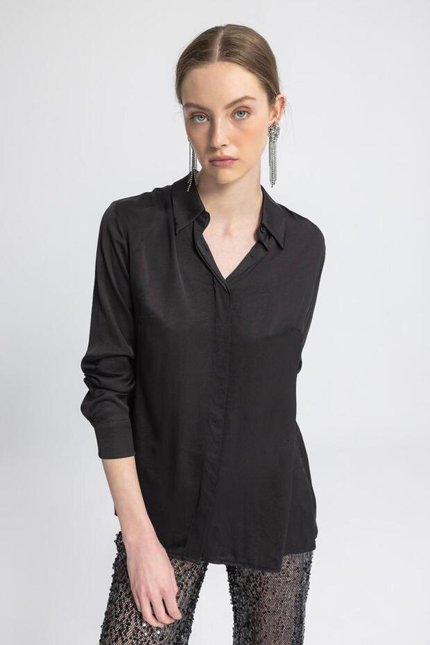 Women's Black Satin Textured Regular Fit Long Sleeve Shirt Collar Shirt
