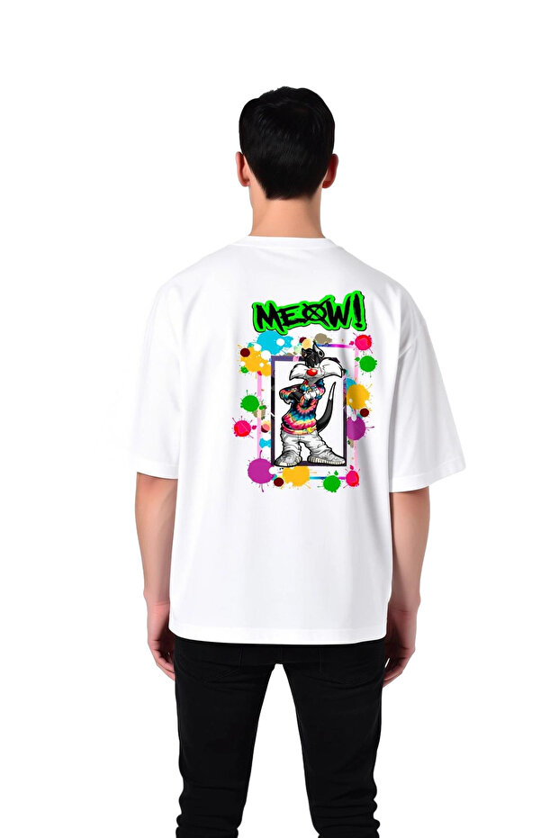 Retro Cat Meow Design Printed Men's Oversize T-Shirt