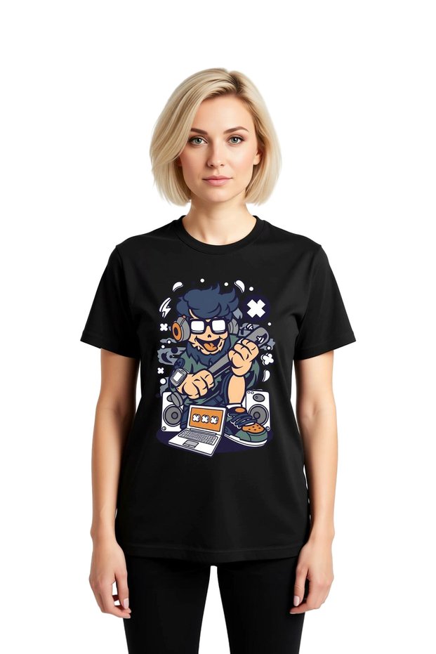 Women's Graphic Printed Music Producer Portrait Short Sleeve T-Shirt Headphone Microphone Pattern Casual