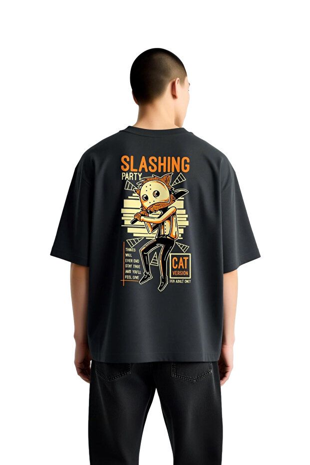Party Cat Design Printed Men's Oversize T-Shirt for Adults