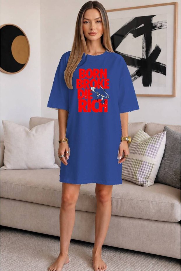 Crew Neck Safety Pin Detailed "Born Broke Die Rich" Written Extra Long Oversize Tunic T-Shirt Short Sleeve