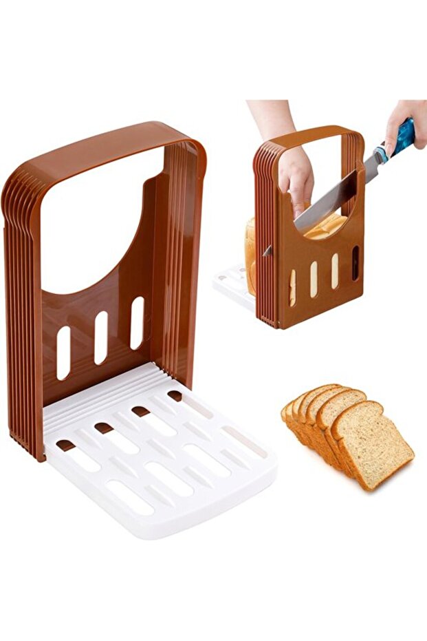 Bread slicer, foldable with 4 adjustable settings, suitable for toast, brown and white.