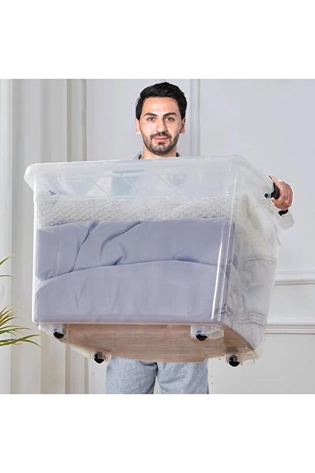 صندوق تخزين بلاستيكي شفاف بمقبض وعجلات، صندوق تخزين مكعب كبير، تصميم قابل للتكديس - 1
