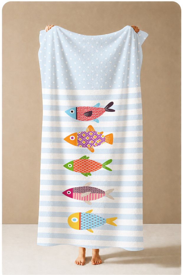 Colorful Fishes Mint Striped Patterned 70X150 Beach Towel - Digital Printed Fade-Resistant Bath Towel