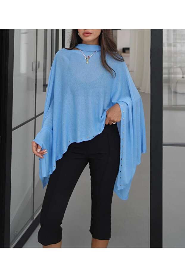 Stone Detailed Cape Scarf Blouse