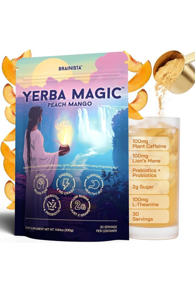 Yerba Mate Energy Drinks, Yerba Magic, Gut Health, Peach Mango, 30 Servings | 5-in-1 drink mix with yerba mate caffeine, Lion's Mane, L-Theanine, prebiotics, probiotics, peach mango, energy drink powd