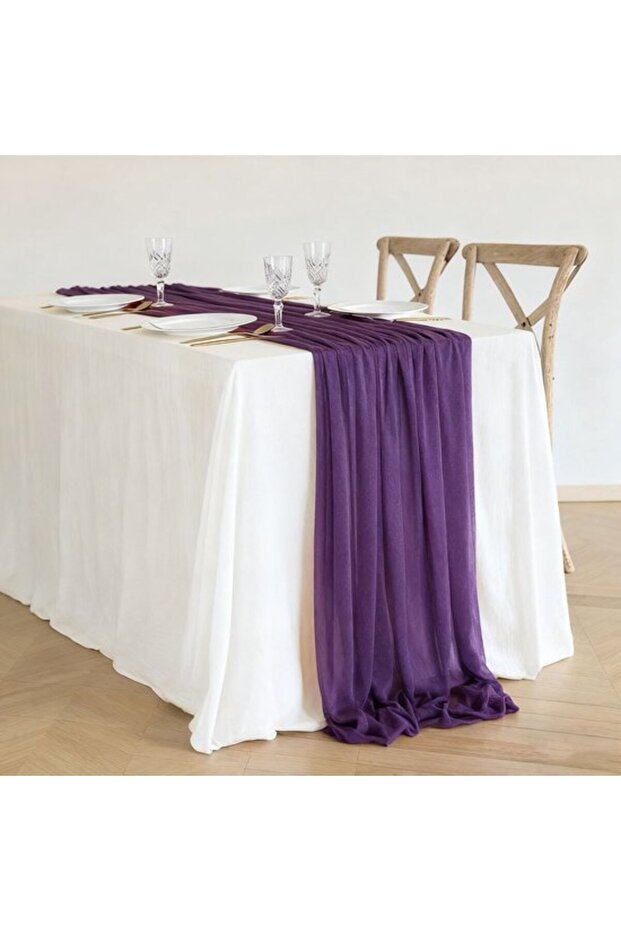 Two chiffon table runners, bohemian-style wedding table decorations, 75x300 cm - deep purple.