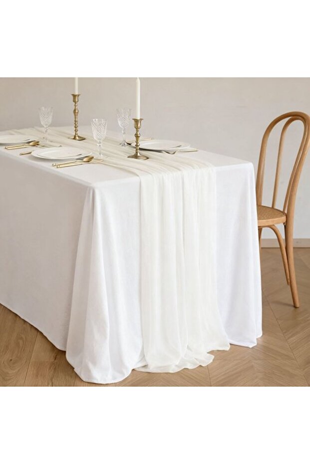 Two chiffon table runners, bohemian-style wedding table decorations, 75x300 cm - white