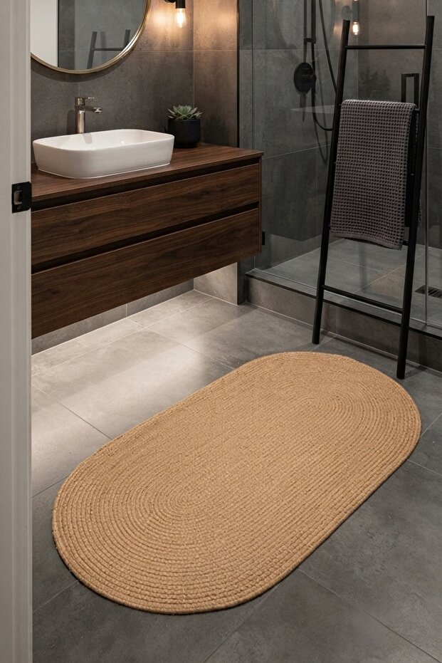 Bath Mat Double Sided Washable Non-Slip Oval Jute Single Mat Wicker Runner Carpet Rug