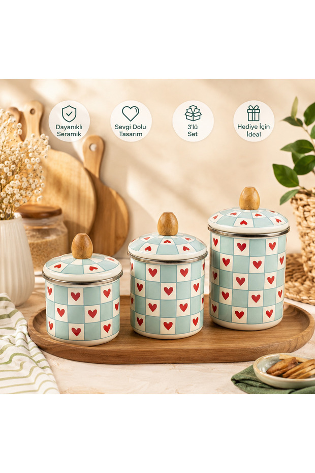 3-Piece Enamel Jar Set with Wooden Lid – Heart Patterned Kitchen Storage Container (10-12-15 cm)