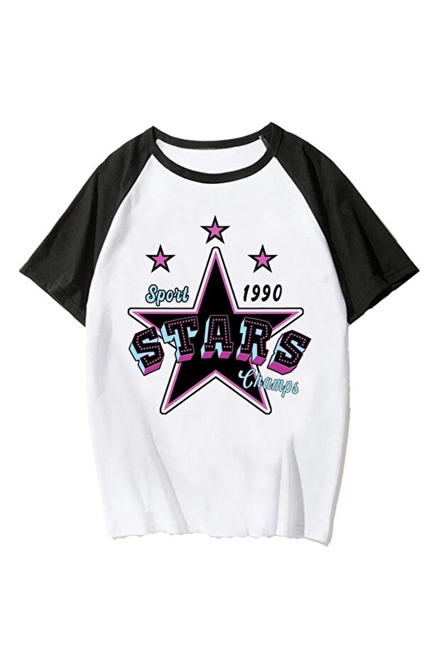 Mi̇ngalondon Y2K Star White Raglan Sleeve Oversize T-Shirt