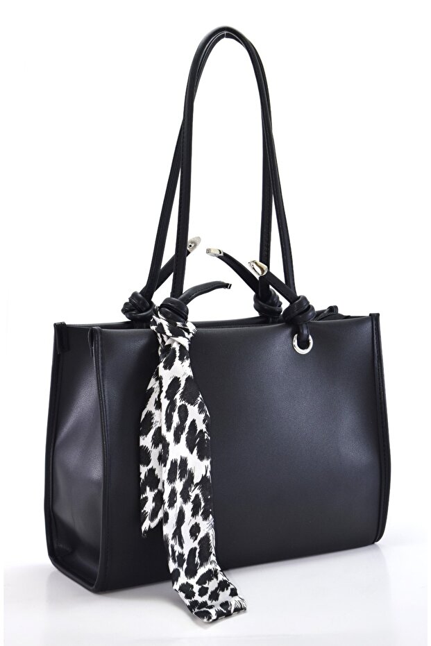 Women's & Flarli Black Leather Large Size Shoulder Bag Handbag Handbag Silver & Accessory Detailed Soft Faux Leather