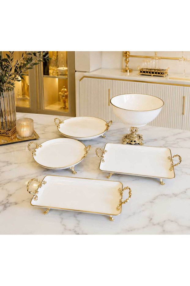 5 Piece Original Porcelain Presentation Set | Stylish Footed Serving and Catering Set with Gold Detail