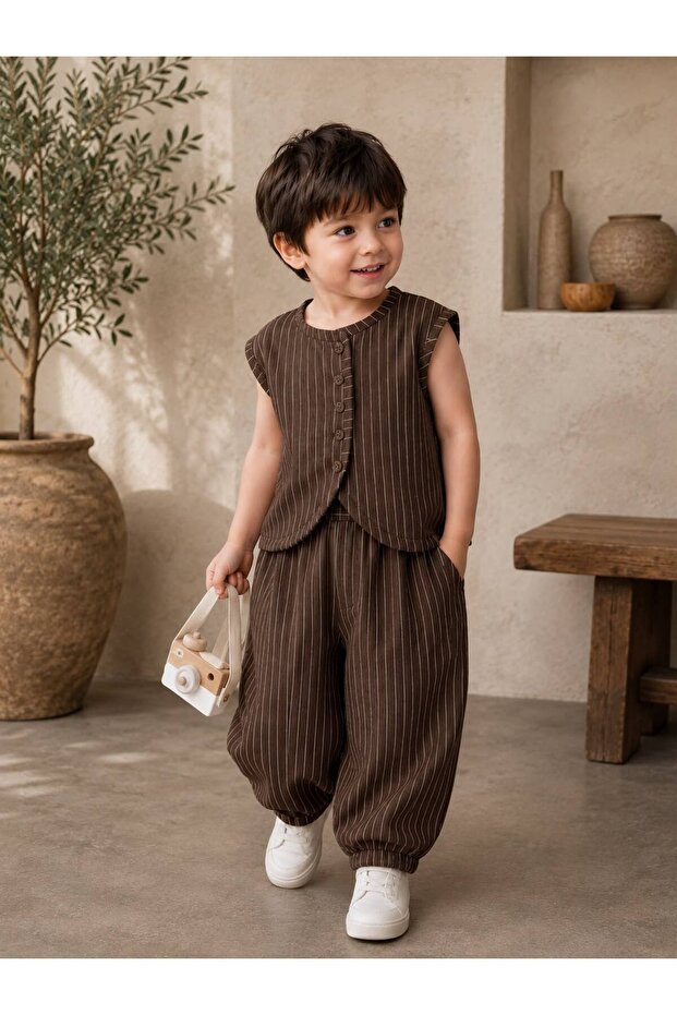 Boy's Brown Striped Vest 2-Piece Set