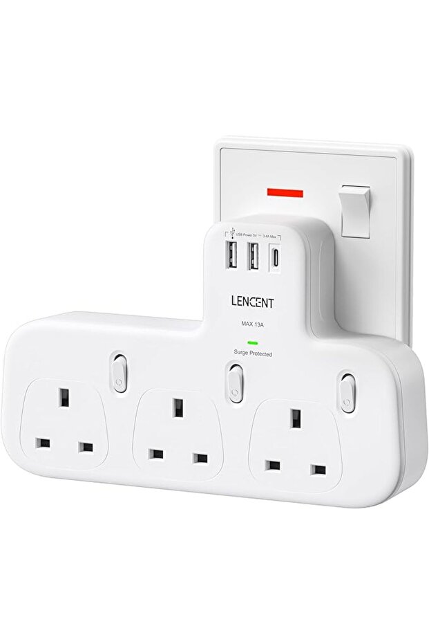 وصلة تمديد كهربائية بثلاثة مخارج مع منفذ USB-C ومنفذين USB، مزودة بحماية من التيار المفاجئ | محول متعدد المنافذ، 3 أمبير