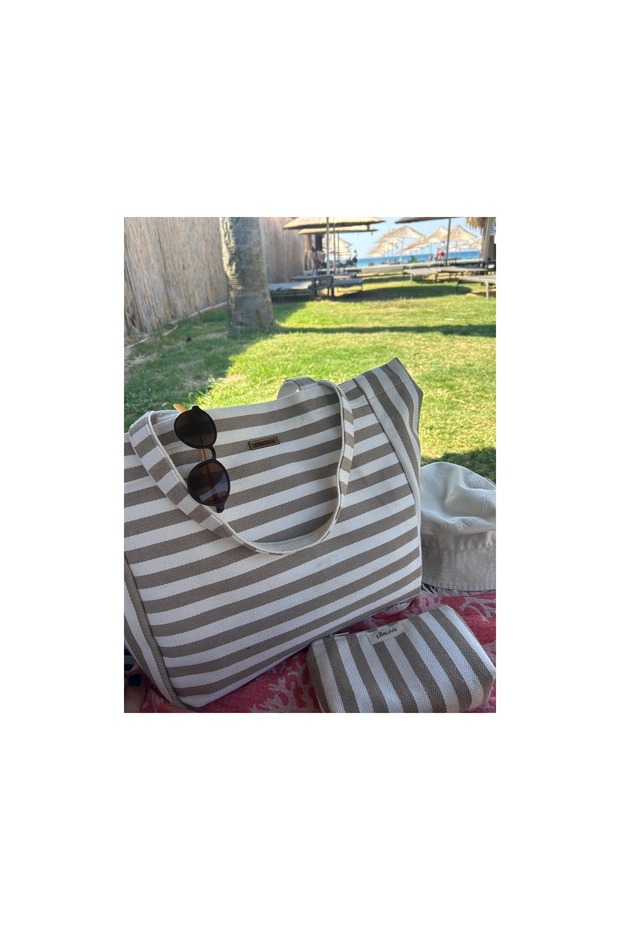 Beige Striped Beach Bag