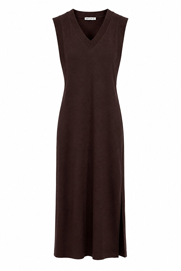 Brown V-Neck Long Basic Dress
