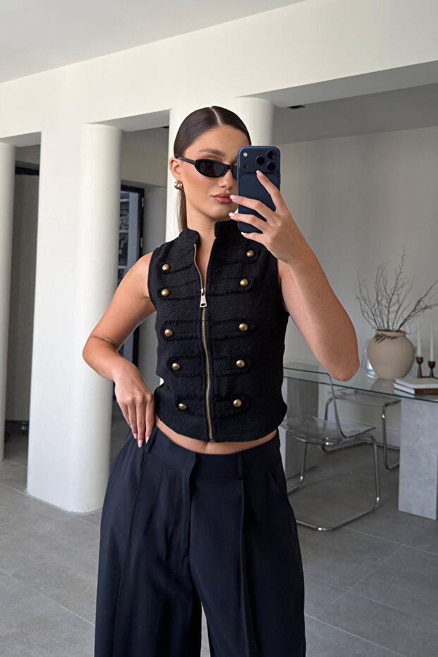 Tweed Vest with Zipper Detail - Black