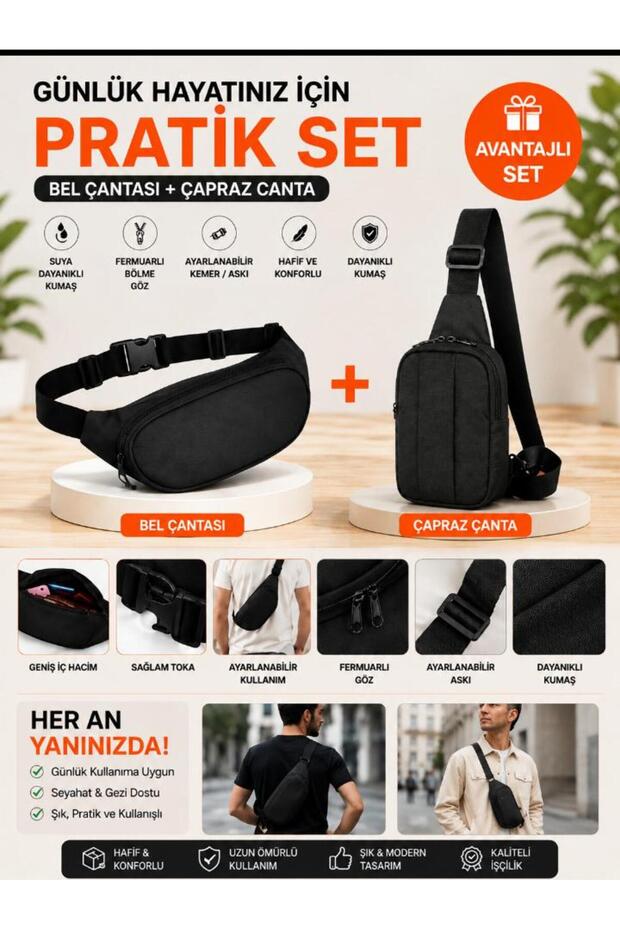 Double Black Crossbody Bag with Strap Waist Bag in Set