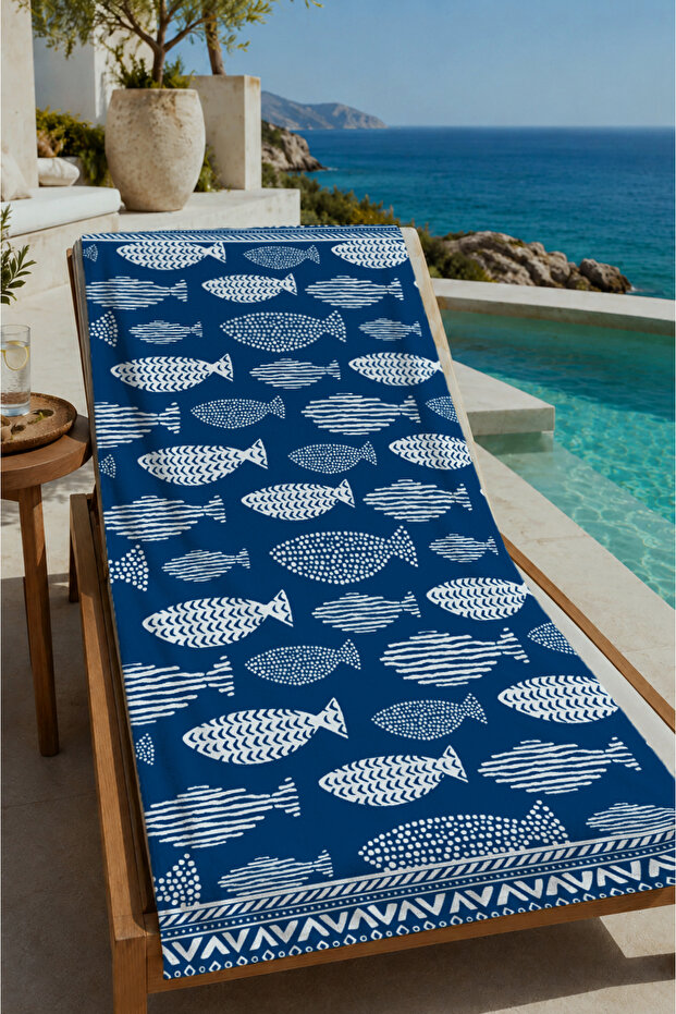 Navy Blue Background White Fish Pattern 70X150 Beach Towel - Digital Printed Bath Towel