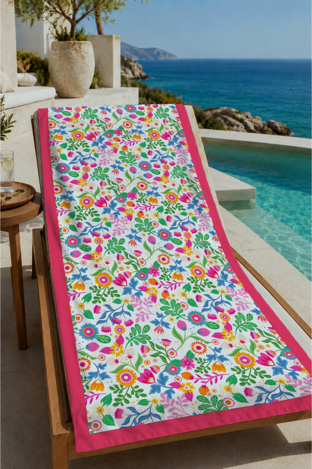 Colorful Tiny Floral Pink Border Patterned 70X150 Beach Towel - Digital Printed Bath Towel