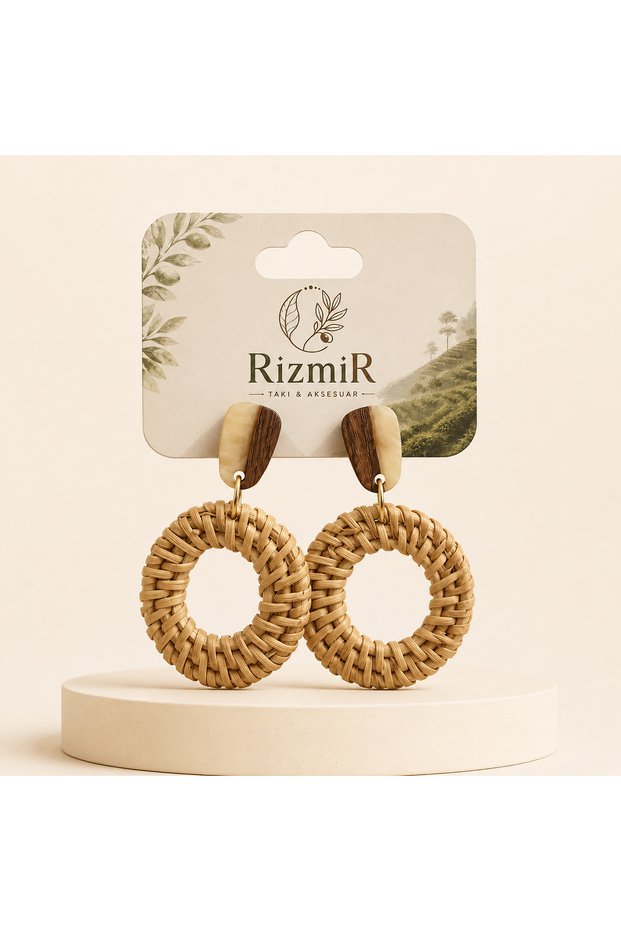 Women's Straw Weave Hoop Wooden Detailed Dangle Earrings