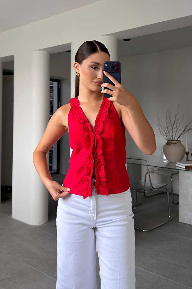 V-Neck Ruffled Blouse - Red