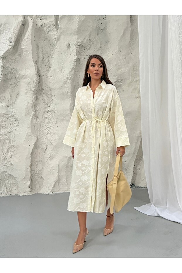 Floral Jacquard Buttoned Belted Shirt Dress 9116 - Yellow