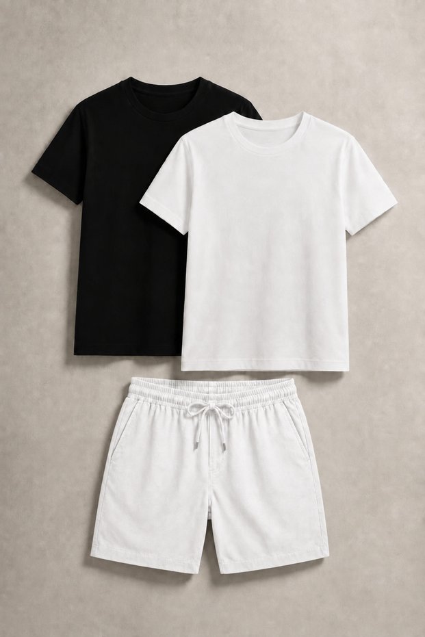 Men's Linen White Shorts & Black-White Basic Cotton 2-Piece T-Shirt Set – Premium Comfortable Fit 3-Piece Summer Set