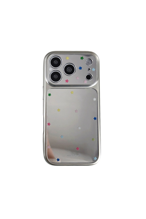 iPhone17 Pro Silver Fashion Colorful Stars Pattern Makeup Mirror Shockproof Protective Phone Cover C